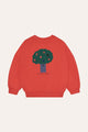 Sudadera infantil Big Tree The Campamento en algodón suave, color rojo con estampado de árbol grande en el frente.