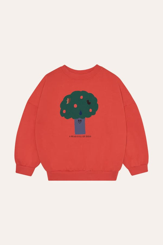 Sudadera infantil Big Tree The Campamento en algodón suave, color rojo con estampado de árbol grande en el frente.