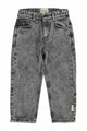 Pantalones Piupiuchick denim de color negro lavado para niños y niñas, con cintura ajustable y etiqueta en parte baja de pierna izquierda