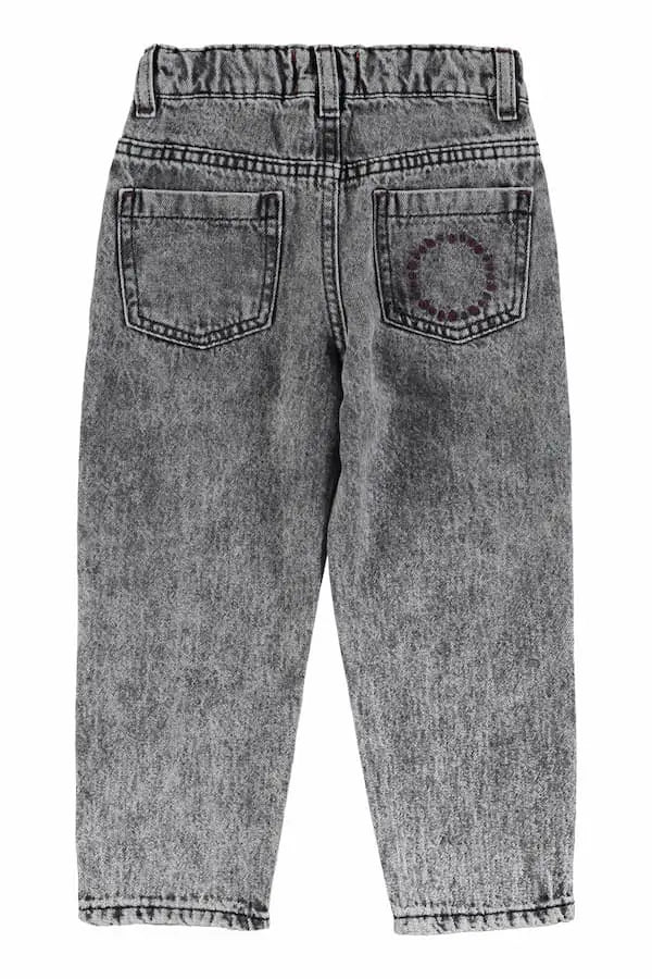 Pantalones Piupiuchick denim de color negro lavado para niños y niñas, con cintura ajustable y logo burdeos en bolsillo trasero derecho