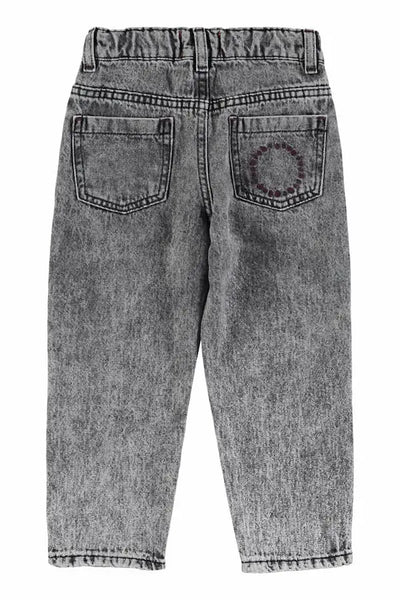 Pantalones Piupiuchick denim de color negro lavado para niños y niñas, con cintura ajustable y logo burdeos en bolsillo trasero derecho