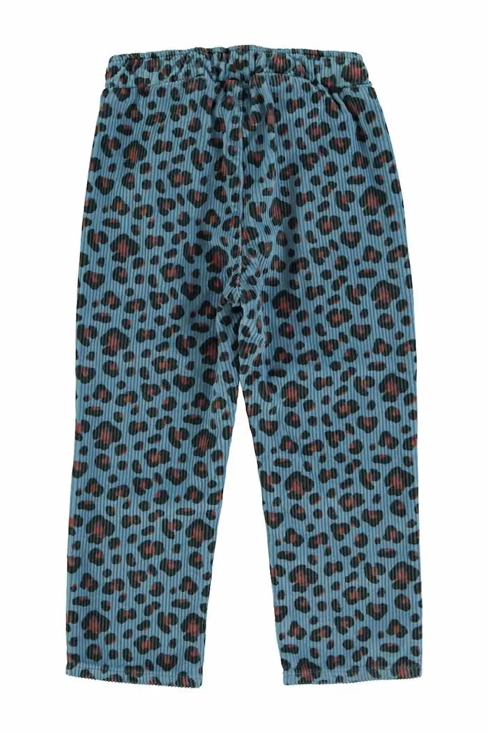 Pantalones azules de pana con estampado de animal print para niños y niñas de Piupiuchick- vista trasera.