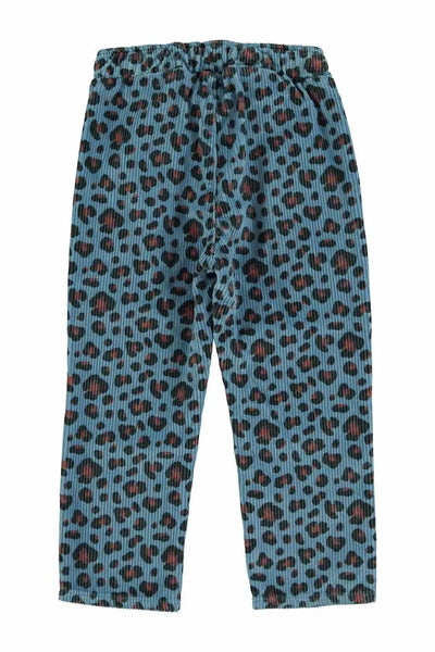 Pantalones azules de pana con estampado de animal print para niños y niñas de Piupiuchick- vista trasera.