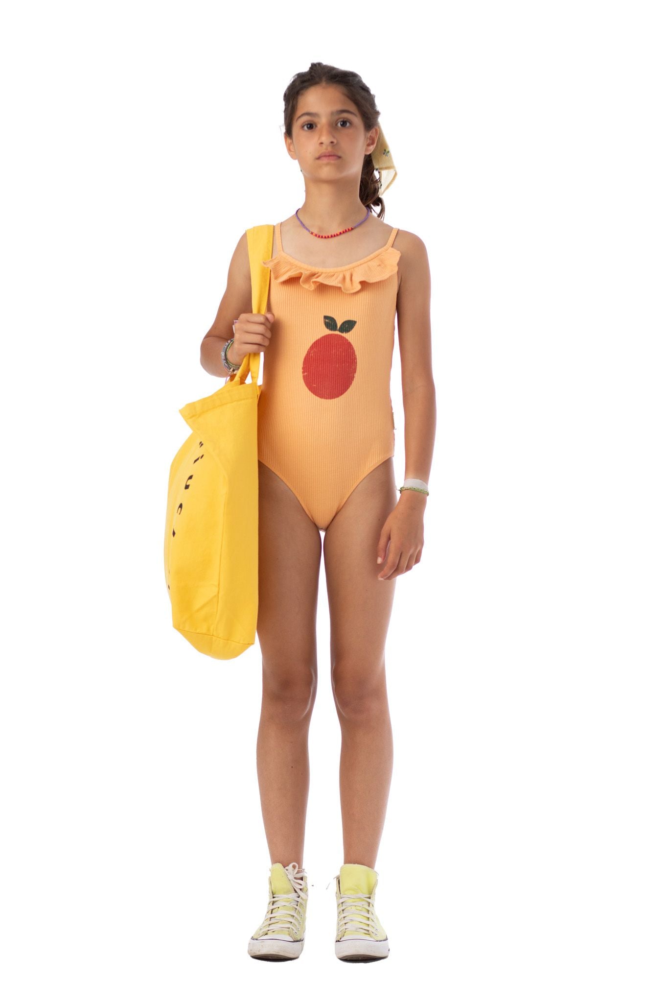 Piupiuchick swimsuit w/ ruffles peach w/ apple print