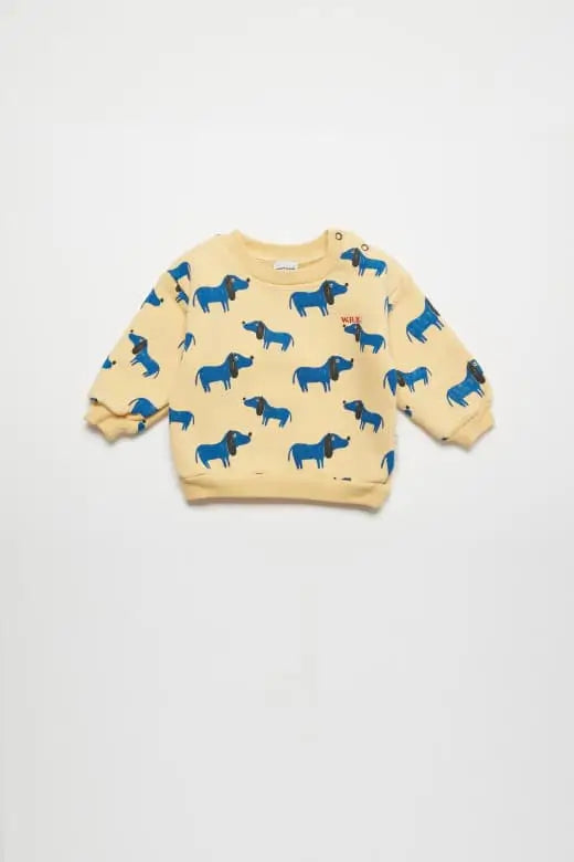 Sudadera amarilla con estampado de perritos azules para bebes de Weekend House Kids.