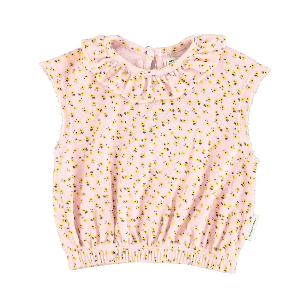 Piupiuchick sleeveless blouse w/ collar | light pink w/ yellow flowers