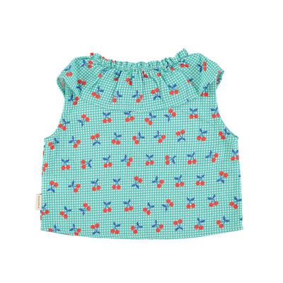 Turquoise & white sleeveless shirt with cherry print Piupiuchick