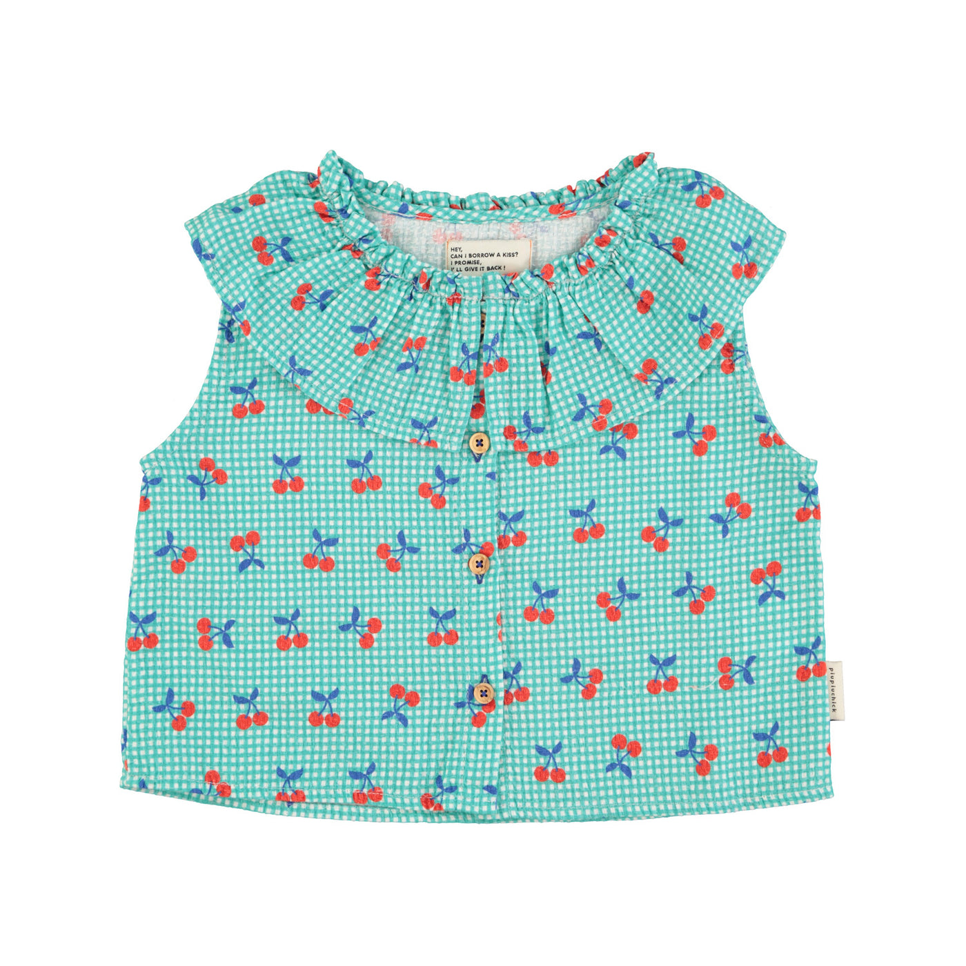 Camisa sin mangas con cuello l turquesa & blanco con estampado de cerezas Piupiuchick