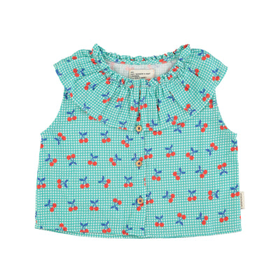 Camisa sin mangas con cuello l turquesa & blanco con estampado de cerezas Piupiuchick