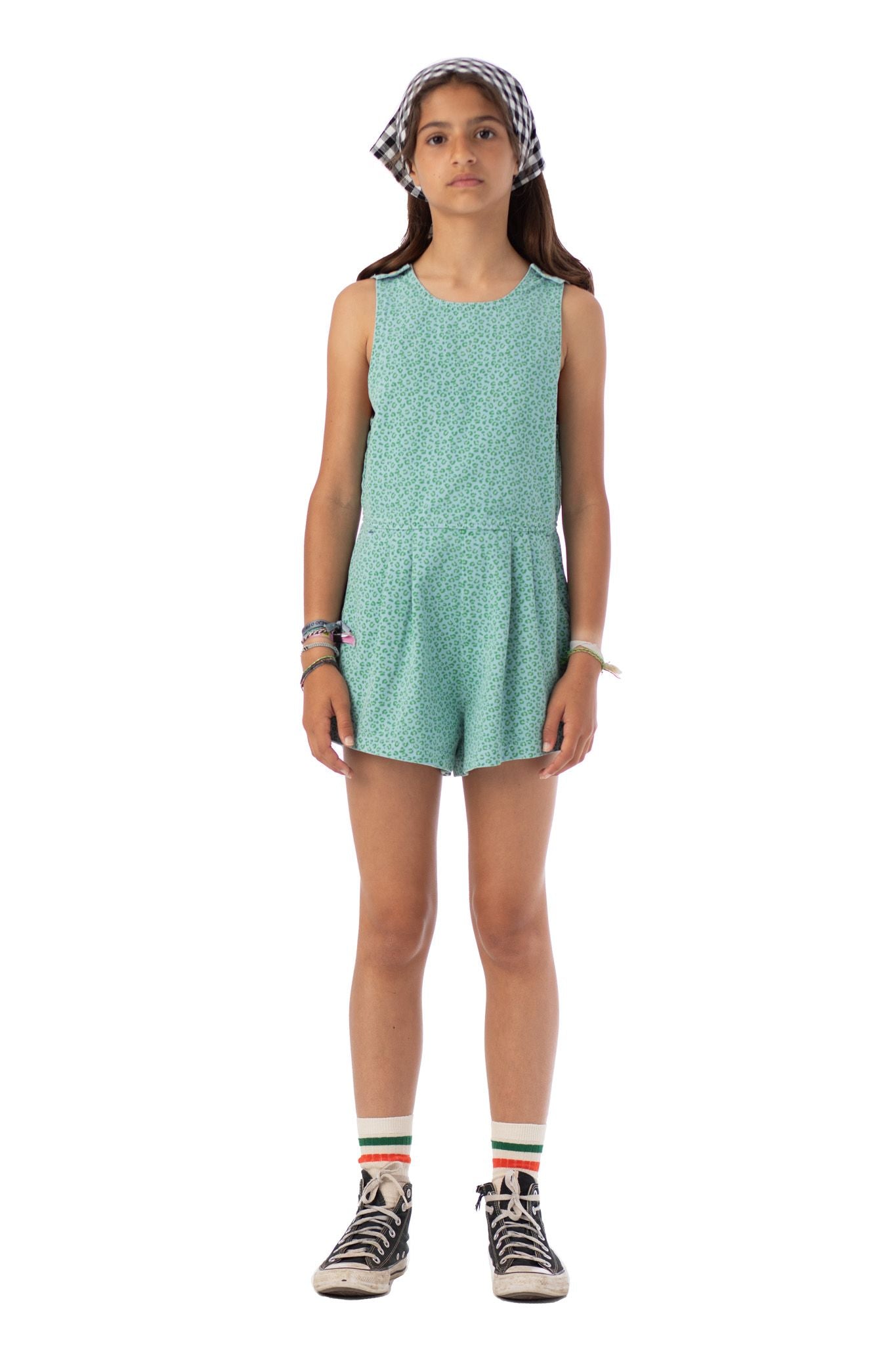 Piupiuchick short jumpsuit blue w/ green animal print